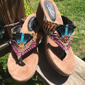 Multicolored suede wedge sandals